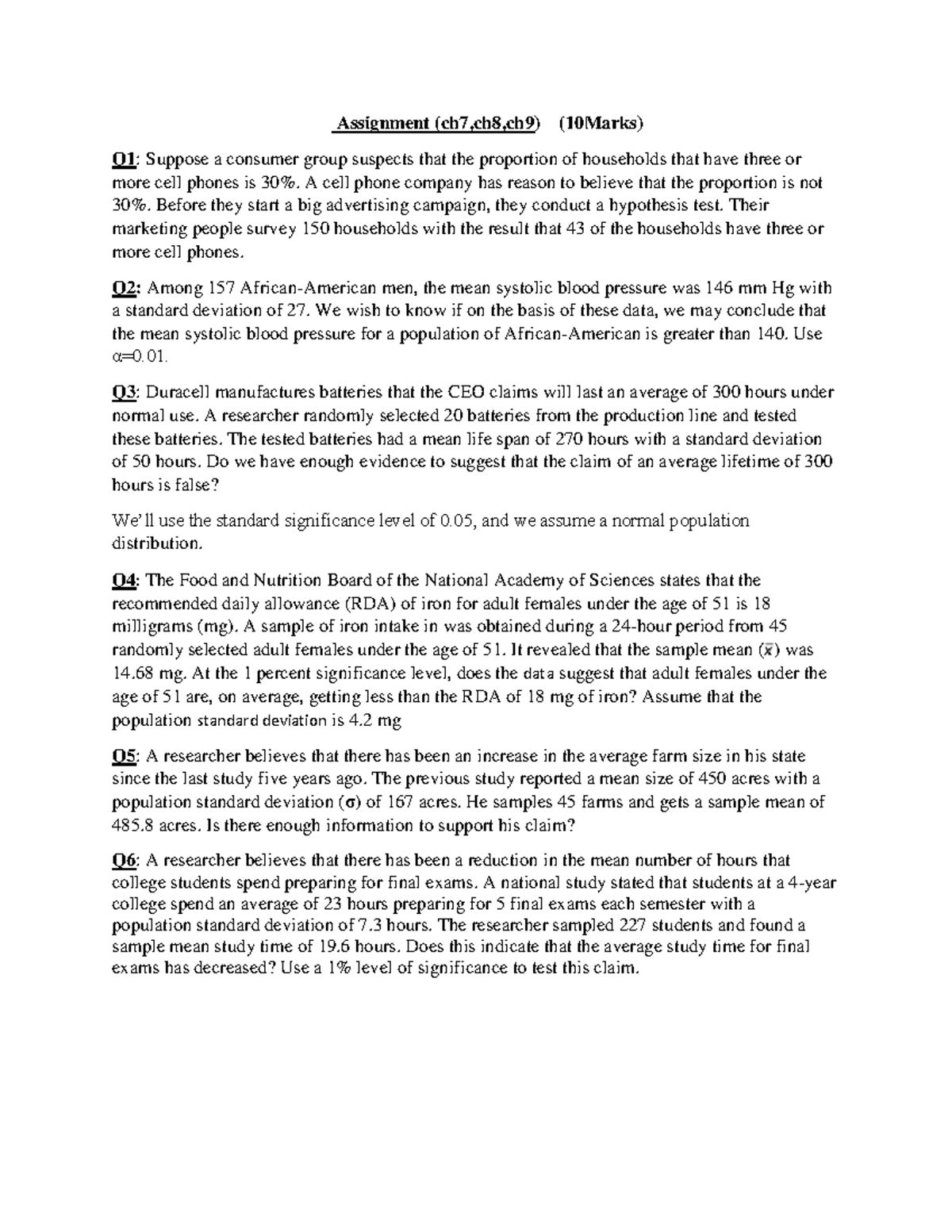 Assignment 207: Hypothesis Testing for Various Claims - Studocu