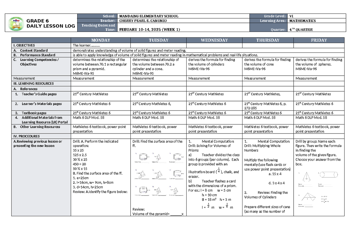 DLL Mathematics 6 Q4 W1: Volume of Solid Figures Lesson Plan - Studocu