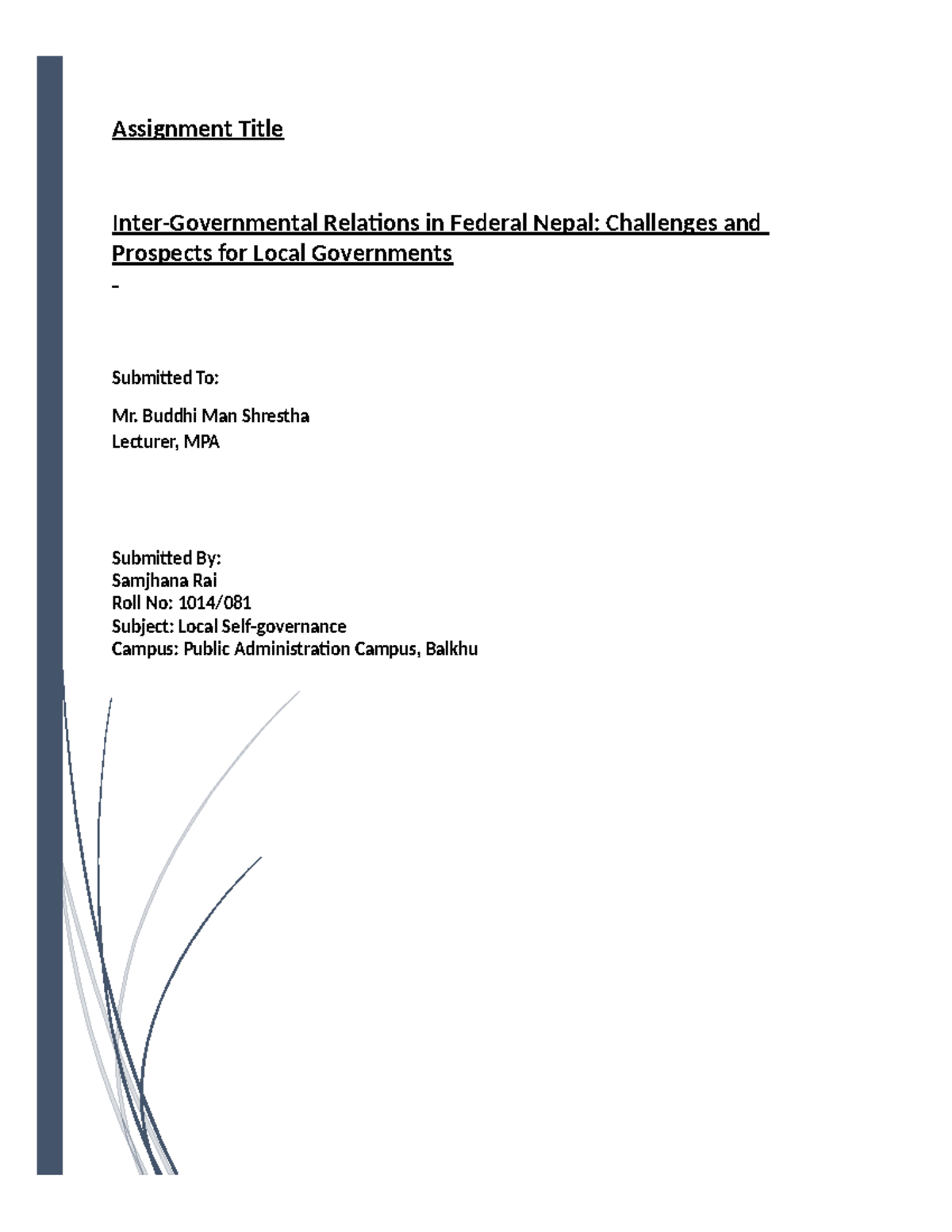 MPA Assignment: IGR in Federal Nepal - Challenges & Prospects for Local ...