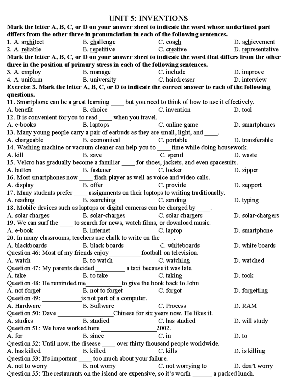 UNIT 5 l10 - lớp 10 unit 5 - UNIT 5: INVENTIONS Mark the letter A, B, C ...