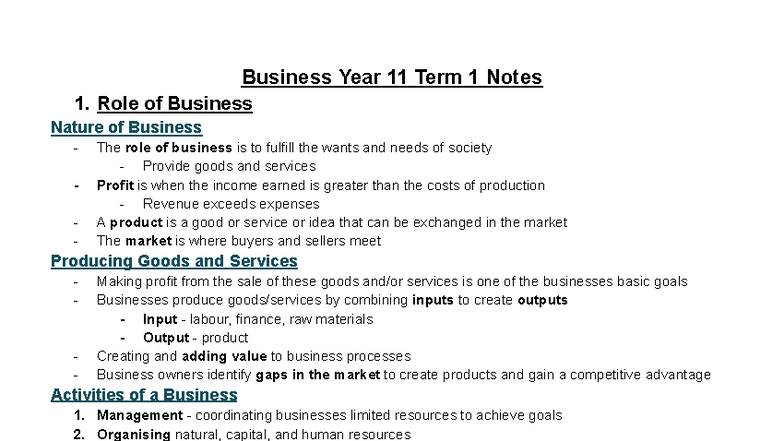 Business Year 11 Term 1: Nature and Functions of Business Notes - Studocu