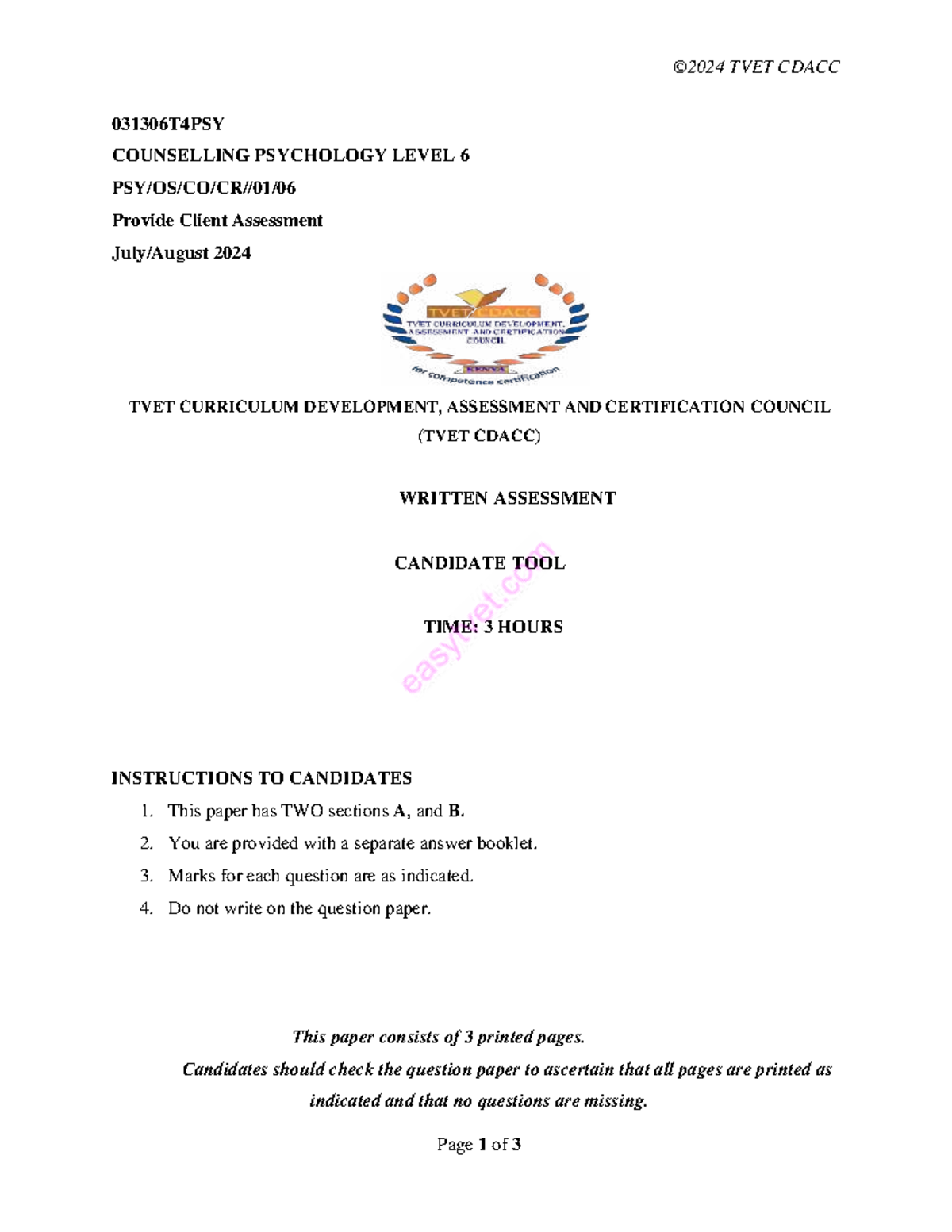 TVET CDACC 031306T4PSY Level 6 Client Assessment Exam 2024 - Studocu