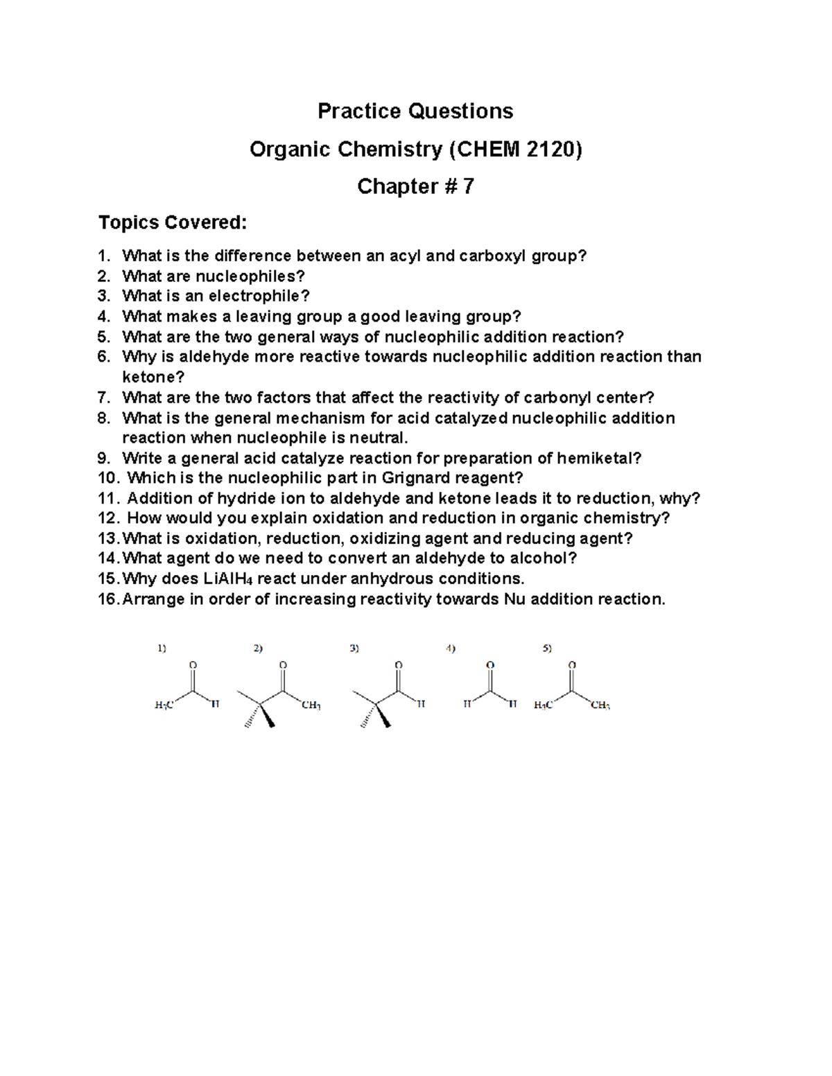 Chapter 7 Practice Questions in Organic Chemistry (CHEM 2120) - Studocu