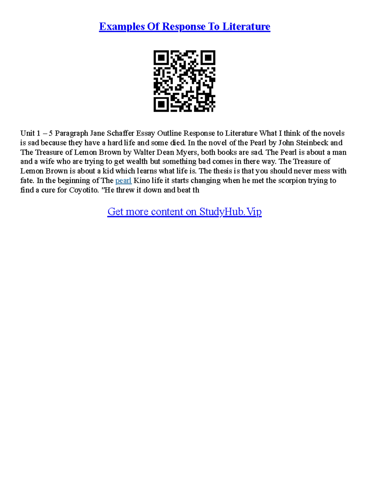 Examples of Literary Essays on Response to Literature (ENG 101) - Studocu