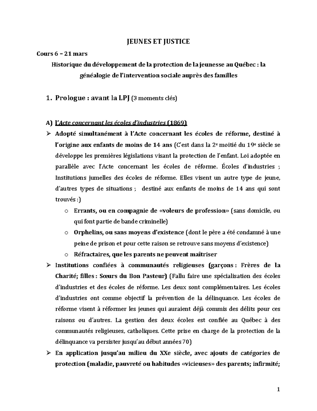 Jeunes et Justice - Notes de Cours 1 à 6 sur la Protection de la ...