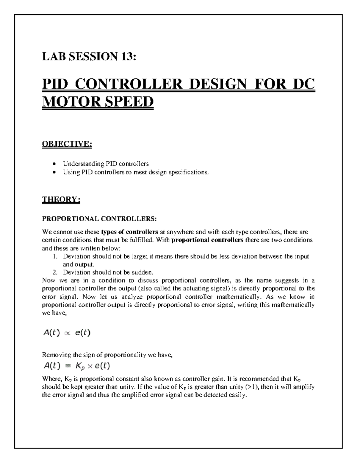 LAB Session 13: PID Controller Design for DC Motor Speed Analysis - Studocu