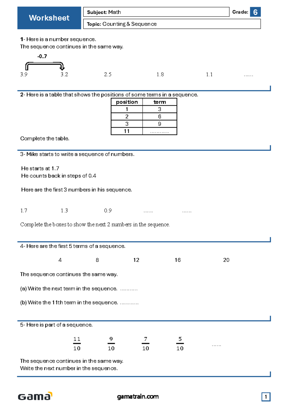 Math Worksheet Grade 6: Counting Sequences Practice - Studocu
