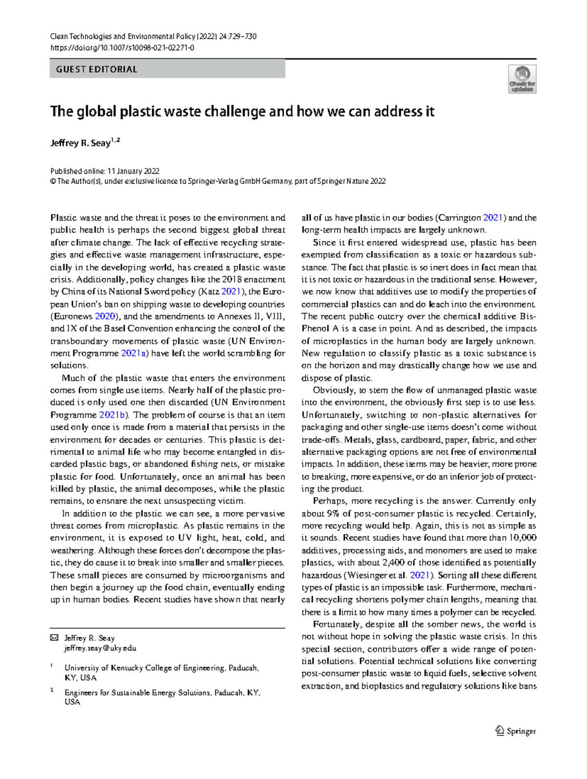 GUEST EDITORIAL: Addressing the Global Plastic Waste Crisis (2022 ...