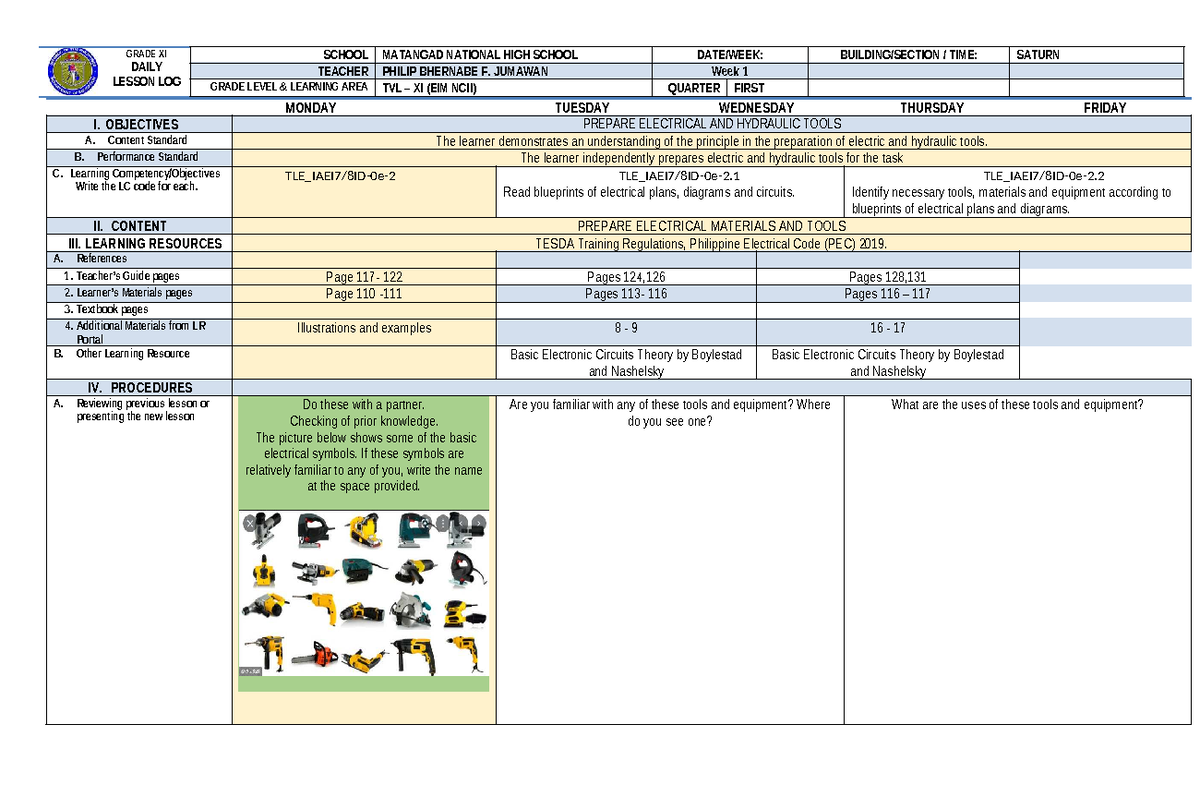 Grade XI TVL Lesson Plan: Preparing Electrical & Hydraulic Tools - Studocu