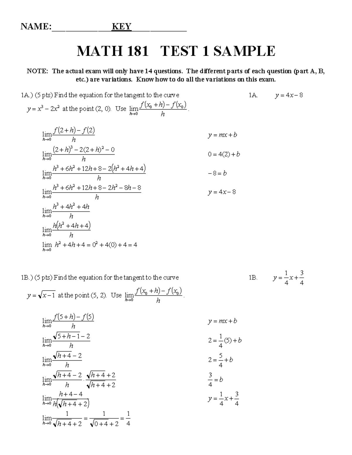 MATH 181 - Sample Test 1 Key with Solutions and Explanations - Studocu