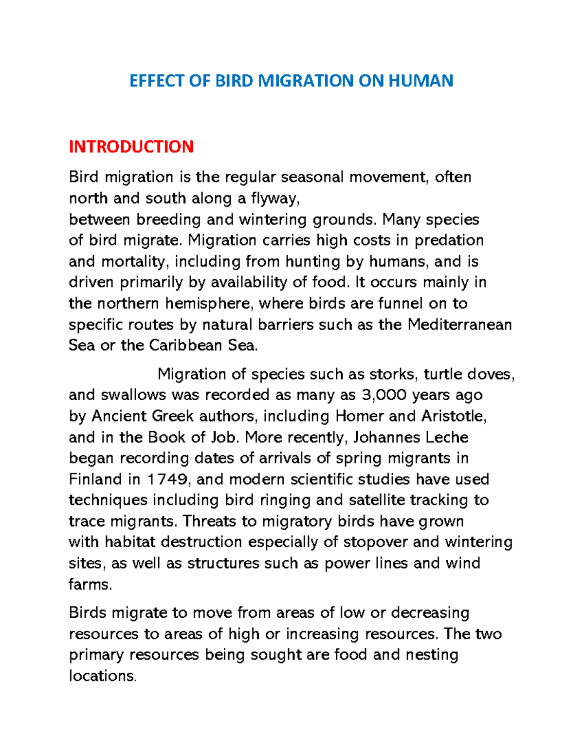Impact of Bird Migration on Human Activities and Ecosystems - Studocu