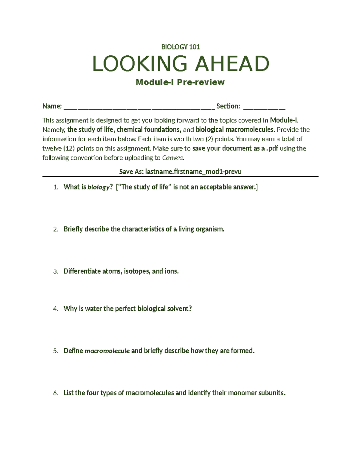 BIOLOGY 101 Module 1 Preview Assignment: Key Concepts - Studocu