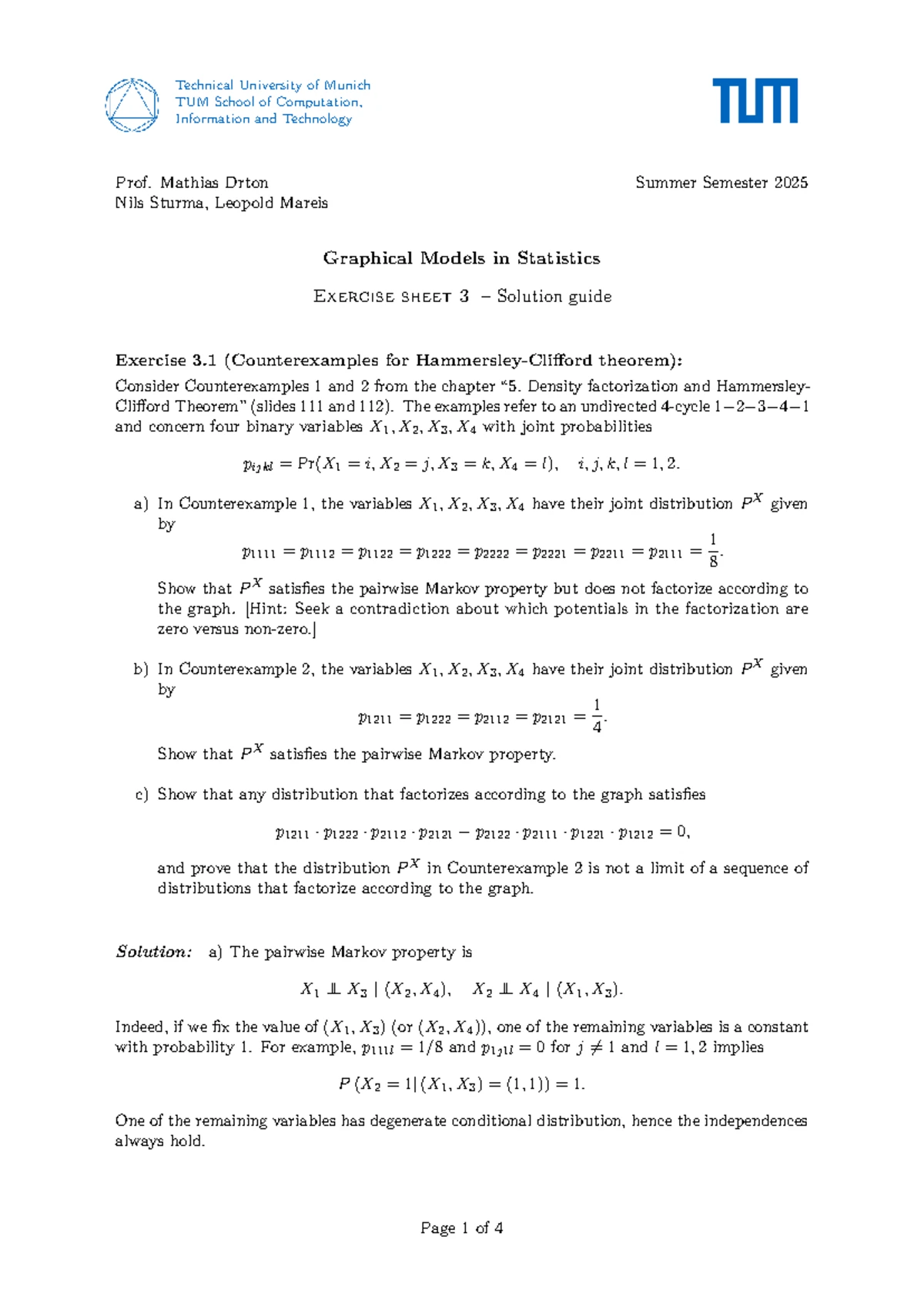 TUM SoSe 2025 Graphical Models in Statistics Exercise Sheet 4 Solutions ...