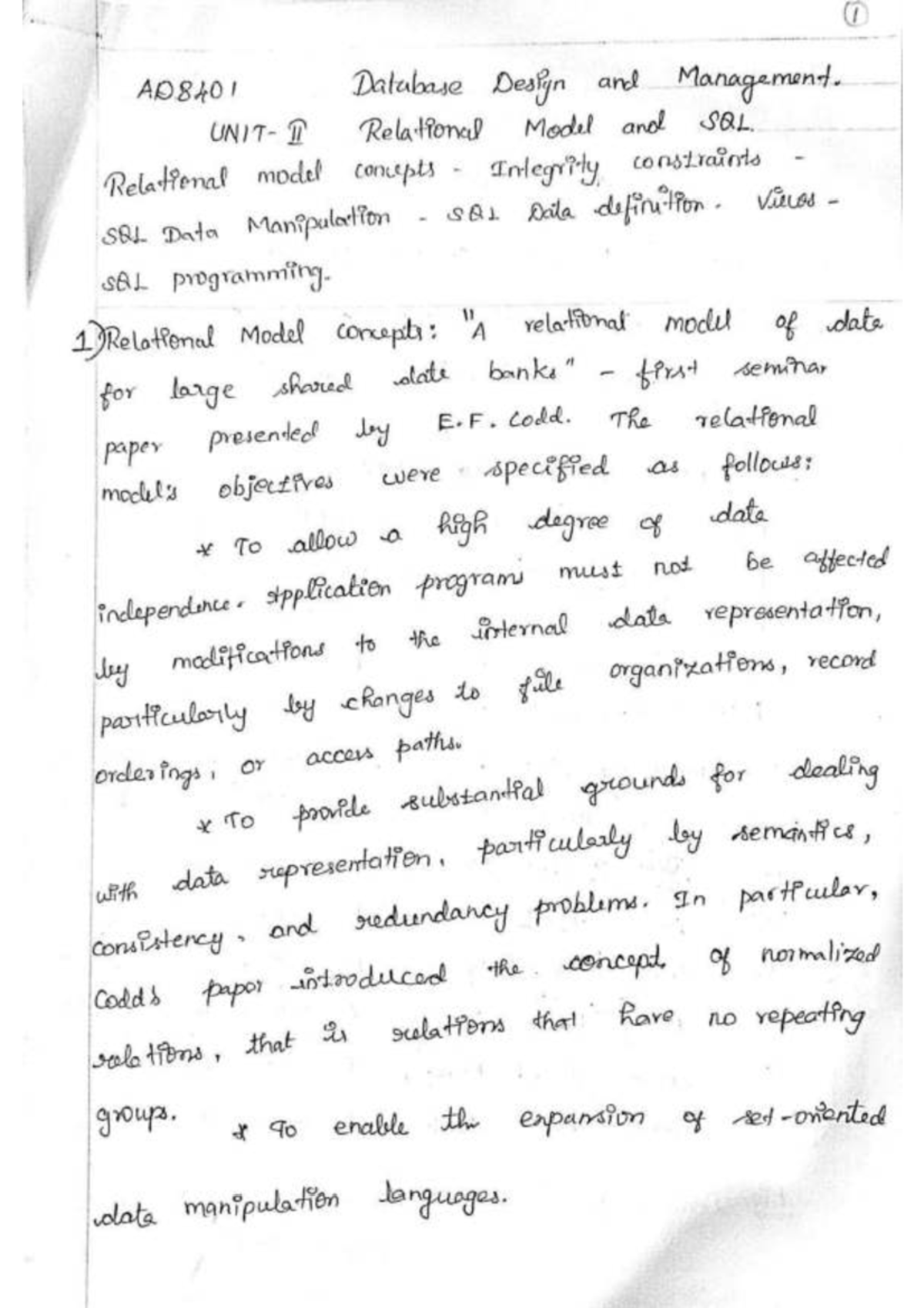 DBDM 2c - NOTES - AD8401 Database Design and Management. II Relational ...