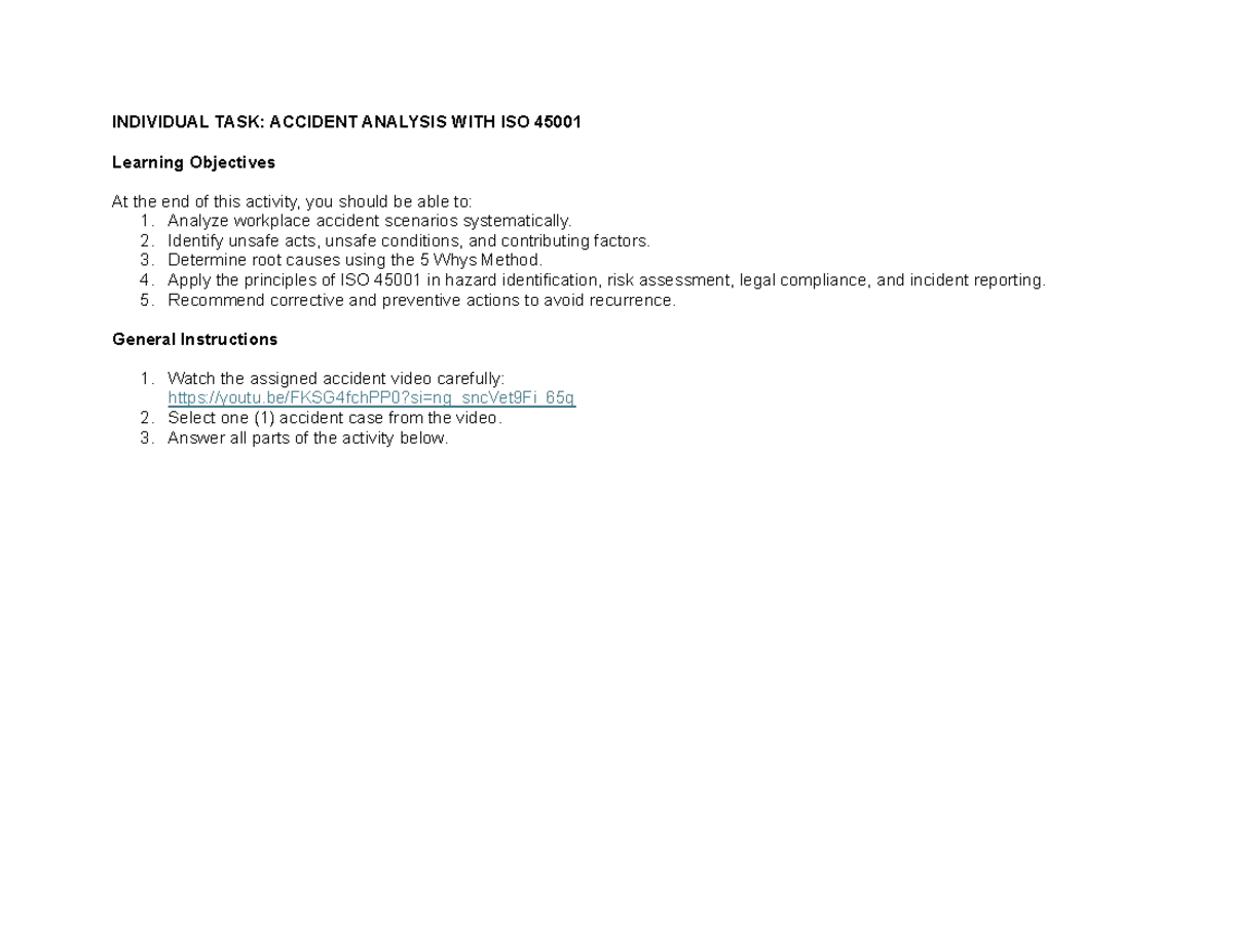 Individual Task: Accident Analysis Using ISO 45001 Principles - Studocu