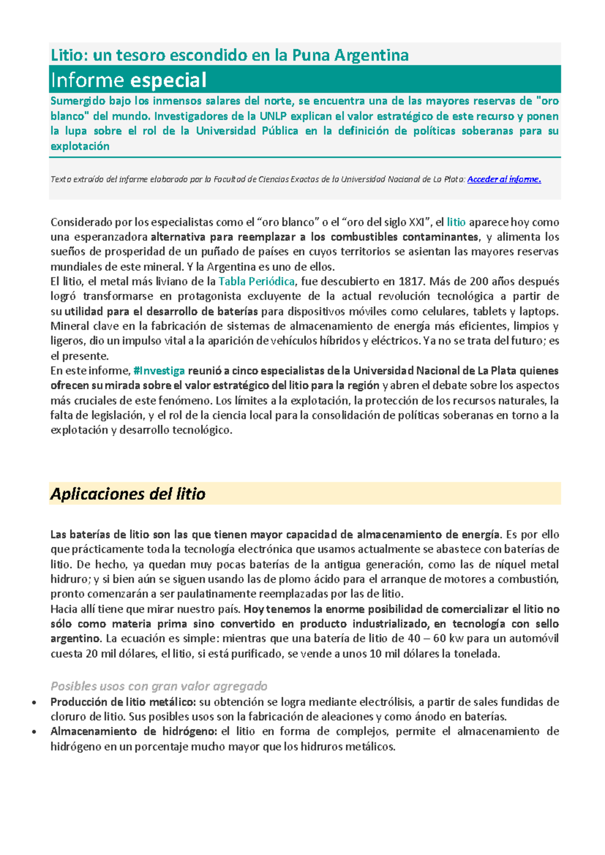 Litio en Argentina: Informe Especial de la UNLP sobre su Estrategia y ...