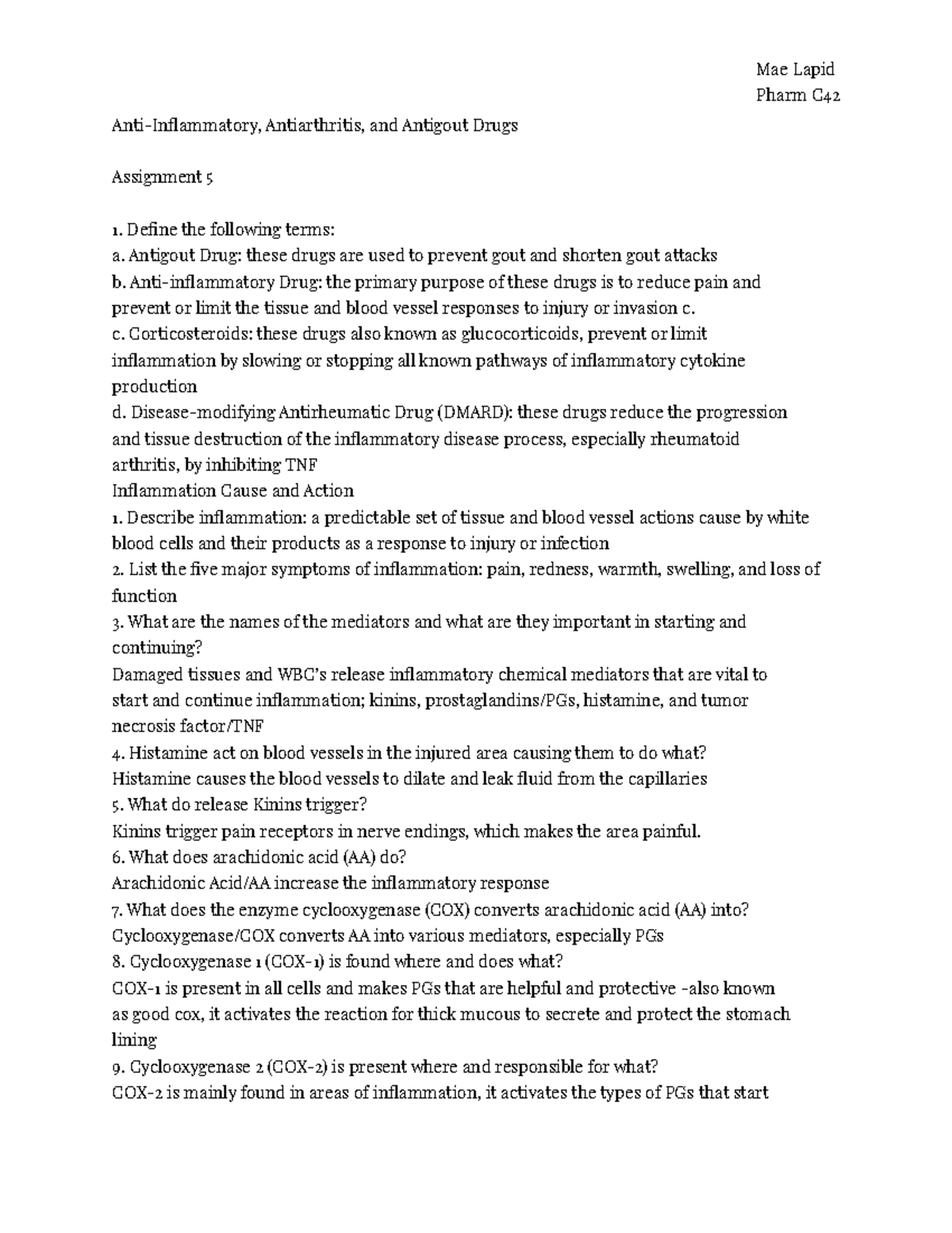 Pharm C - Assignment 5: Anti-Inflammatory, Antiarthritis, and Antigout ...