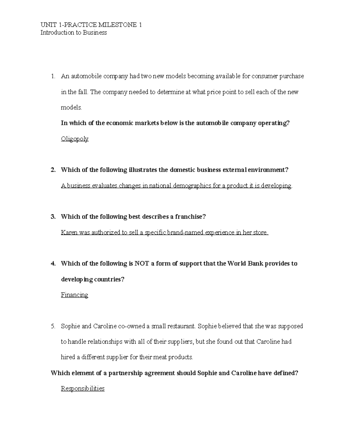 Intro to Business Unit 1 Milestone Practice Questions and Answers - Studocu