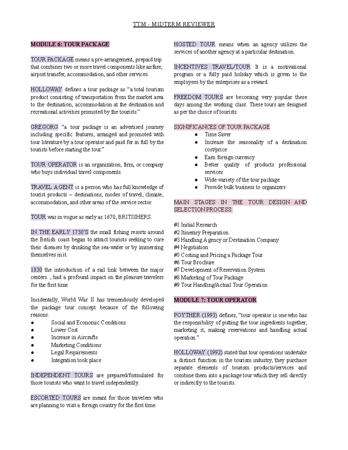 TTM - Midterm Reviewer: Tour Packages and Operators - ASD - Studocu