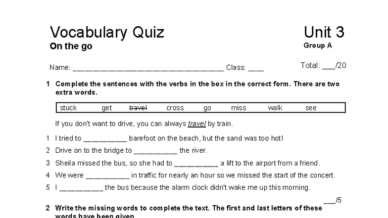 Focus 3 2E Vocabulary Quiz Unit 3 - Group A - Studocu