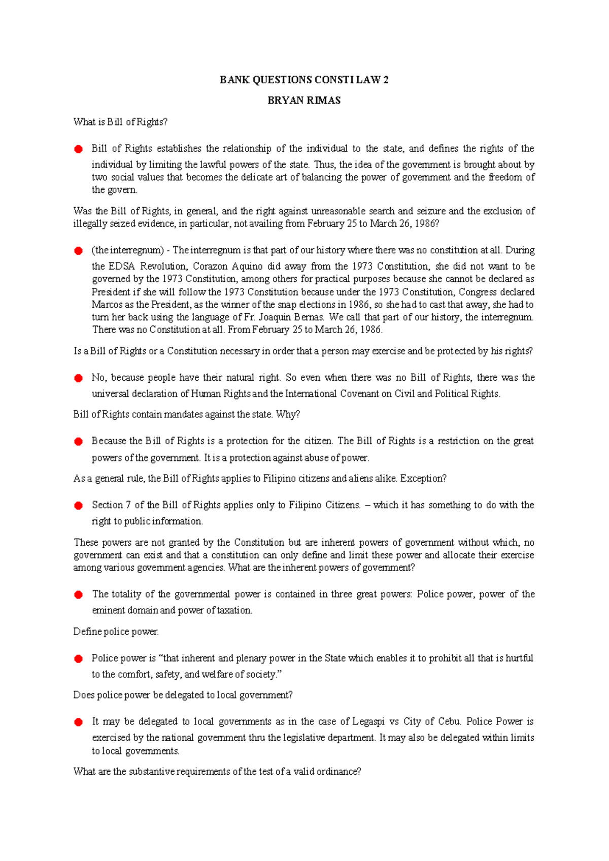 BANK Questions on Constitutional Law 2: Bill of Rights and Government ...