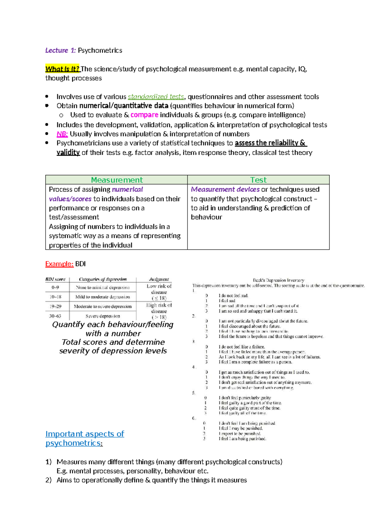 Psychometrics Lecture Notes: Understanding Psychological Measurement ...