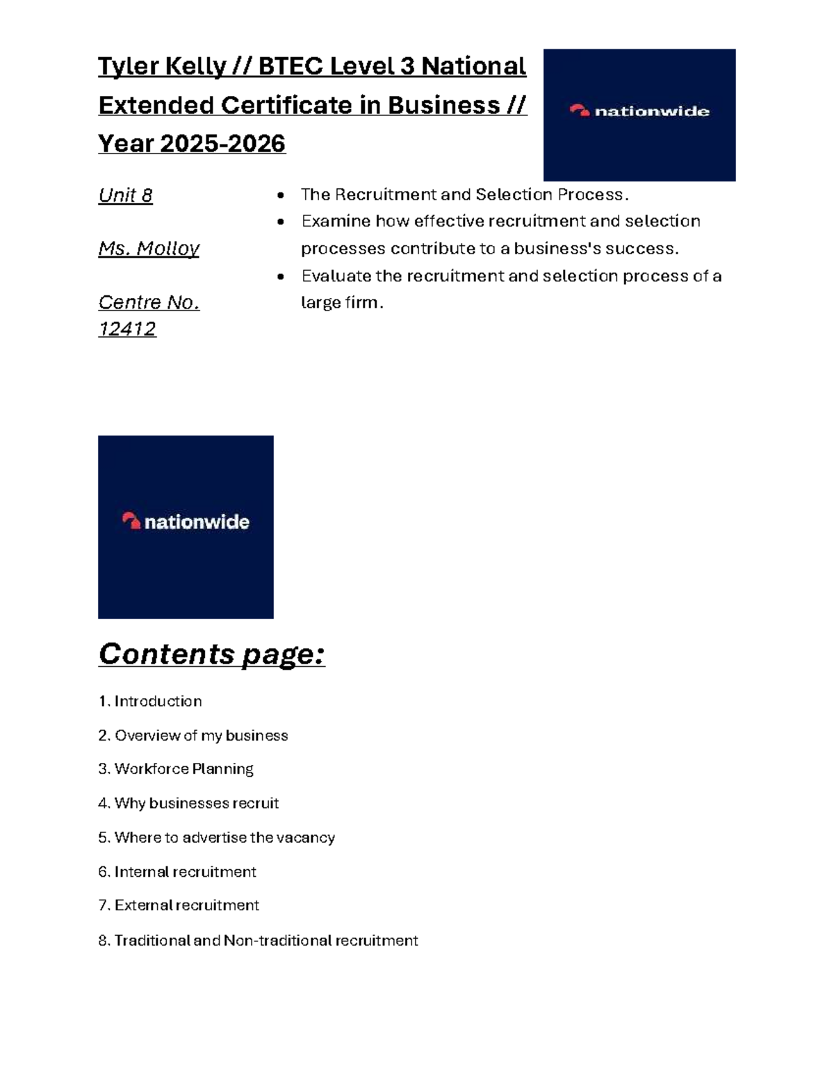 BTEC Level 3 Business Unit 8: Recruitment & Selection Process Analysis ...