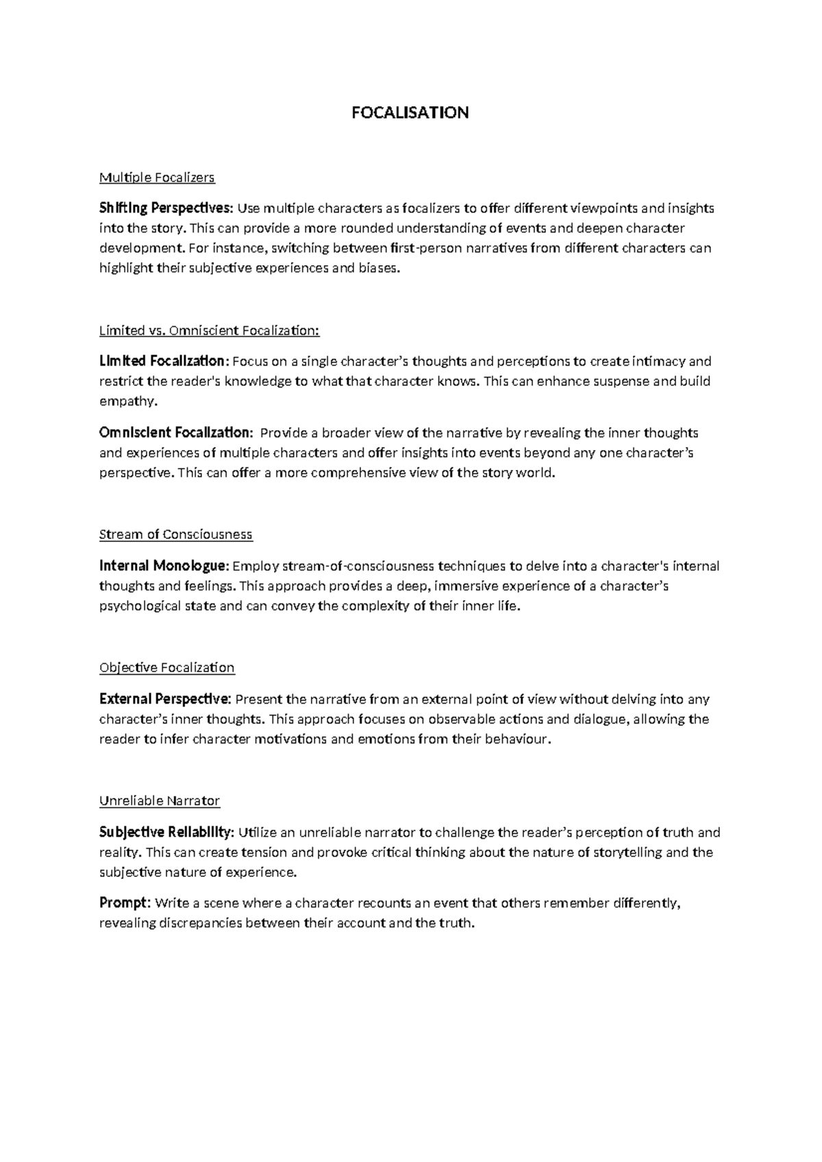 FOC 101: Focalization Techniques in Narrative Perspectives - Studocu