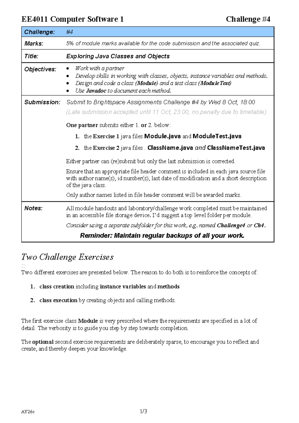 EE4011 Computer Software 1 Challenge 4: Java Classes & Objects - Studocu