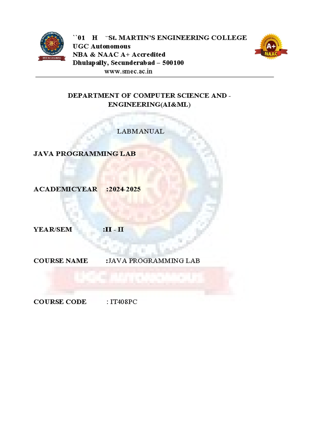 JAVA PROGRAMMING LAB MANUAL (IT408PC) - ACADEMIC YEAR R-22 - Studocu
