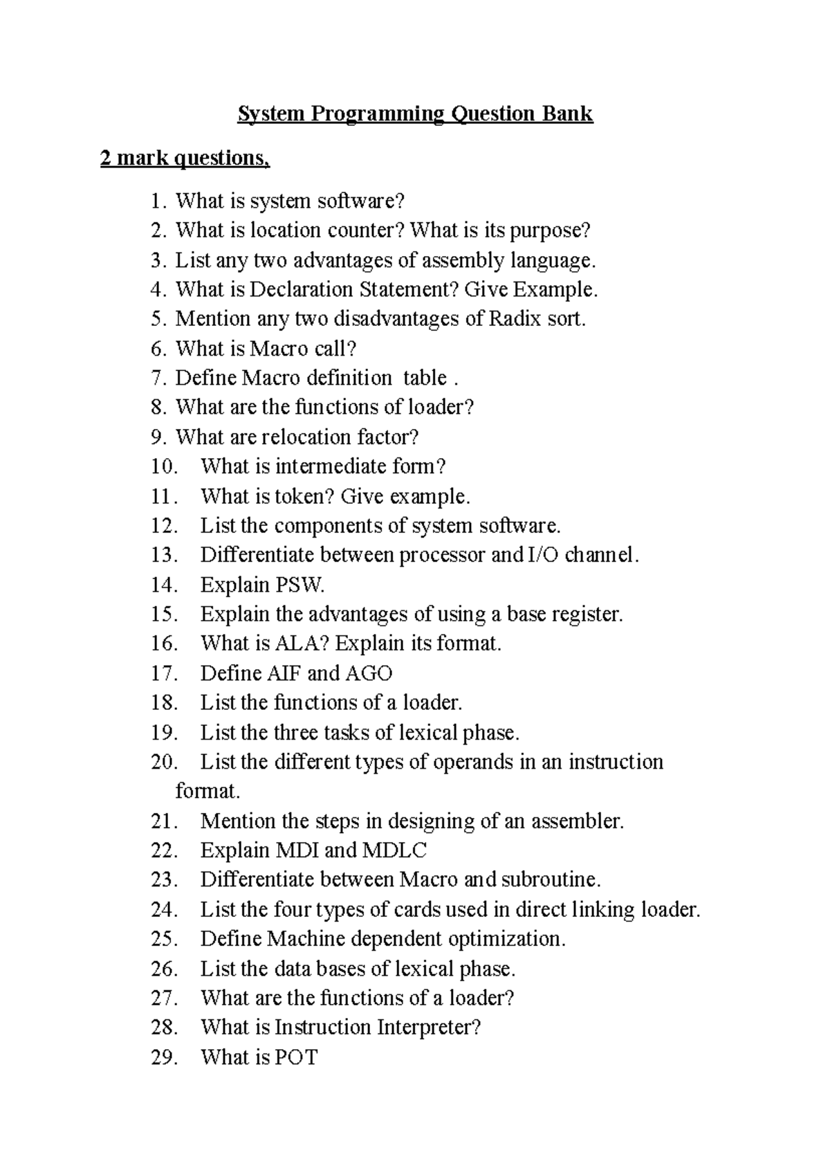System Programming Question Bank (Q&A) for Exam Preparation - Studocu