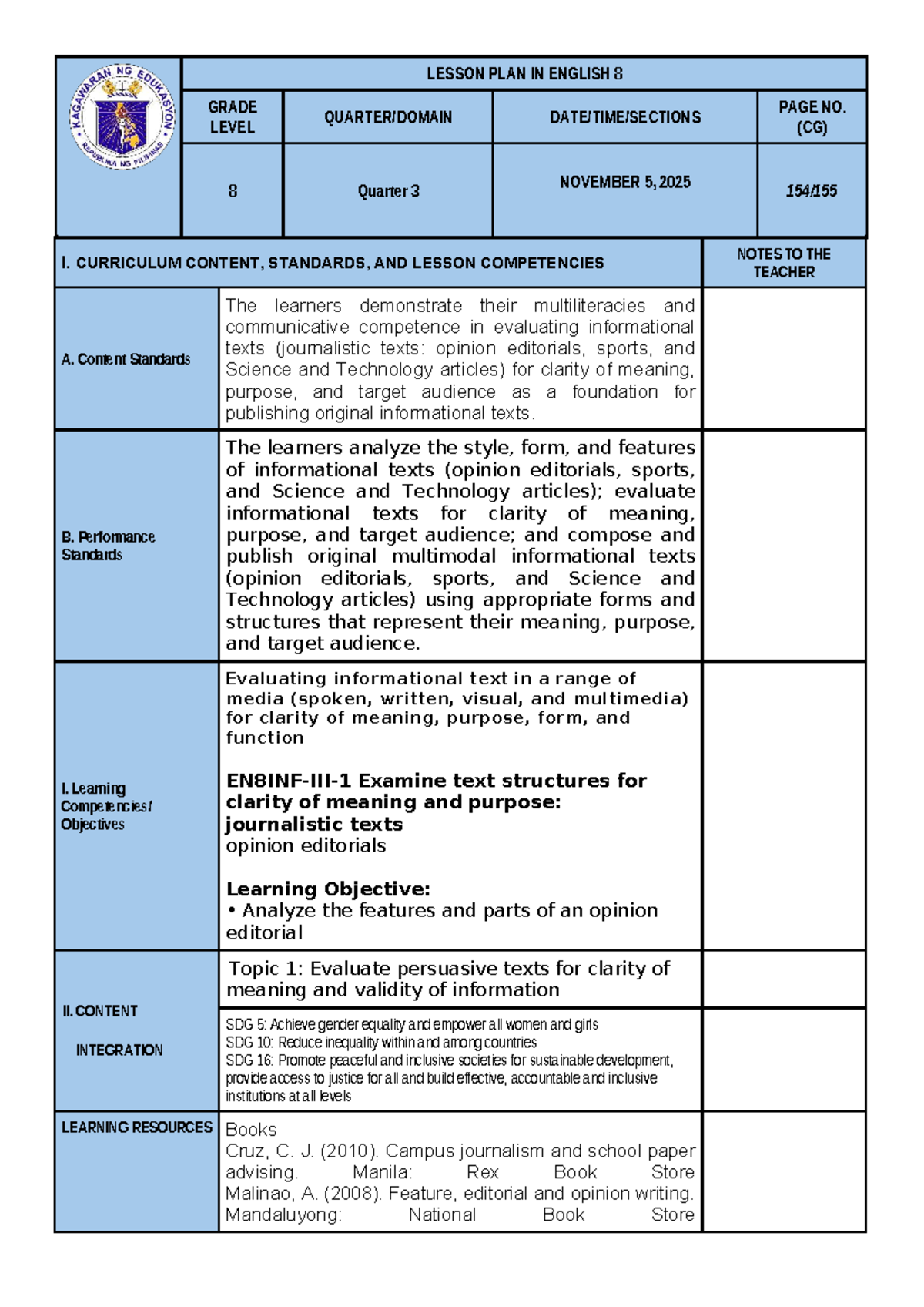 ENGLISH 8 LESSON PLAN: EVALUATING INFORMATIONAL TEXTS - Q3 2025 - Studocu
