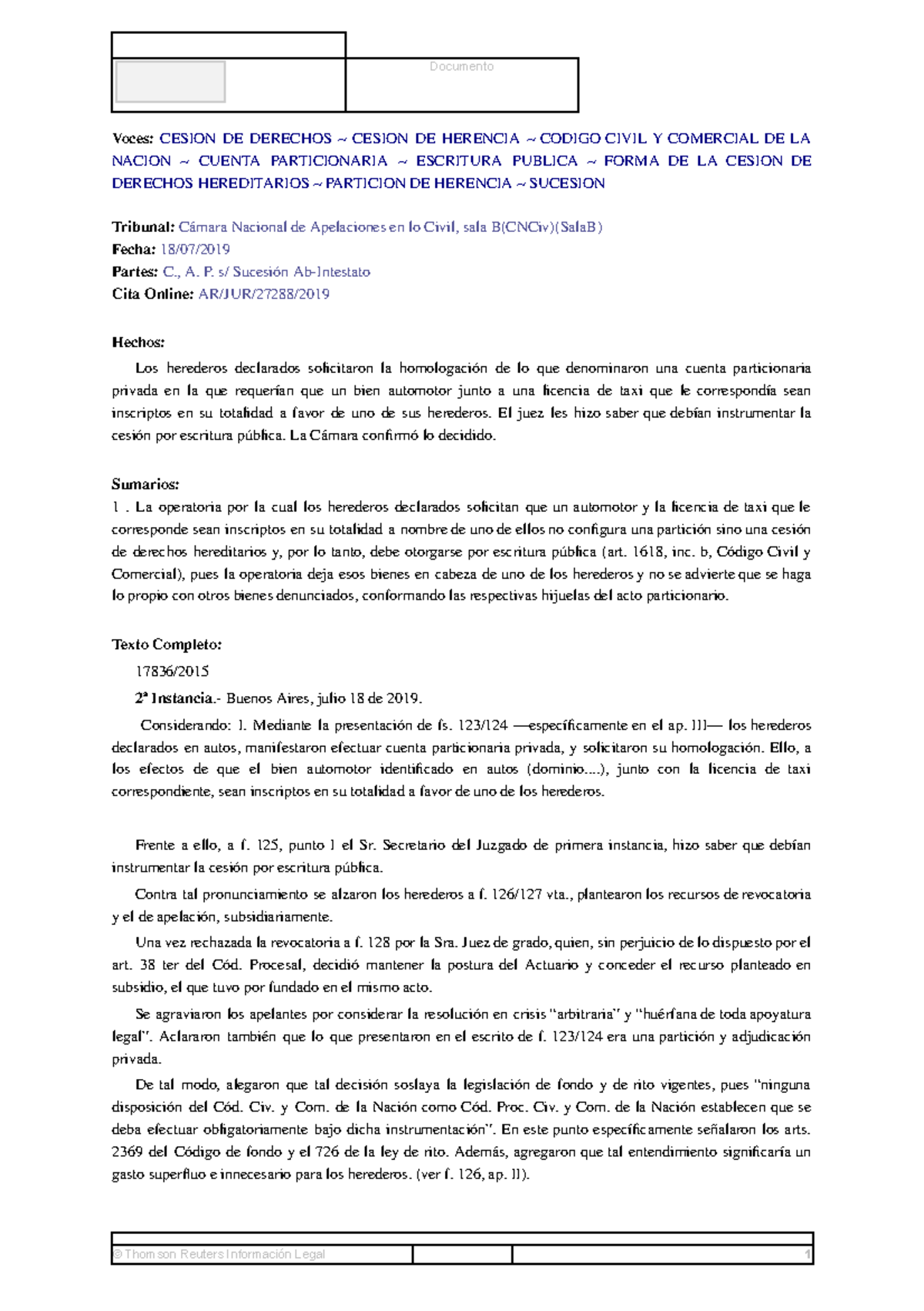 CESION DE DERECHOS HEREDITARIOS Y PARTICION DE HERENCIA - CNCiv - Studocu