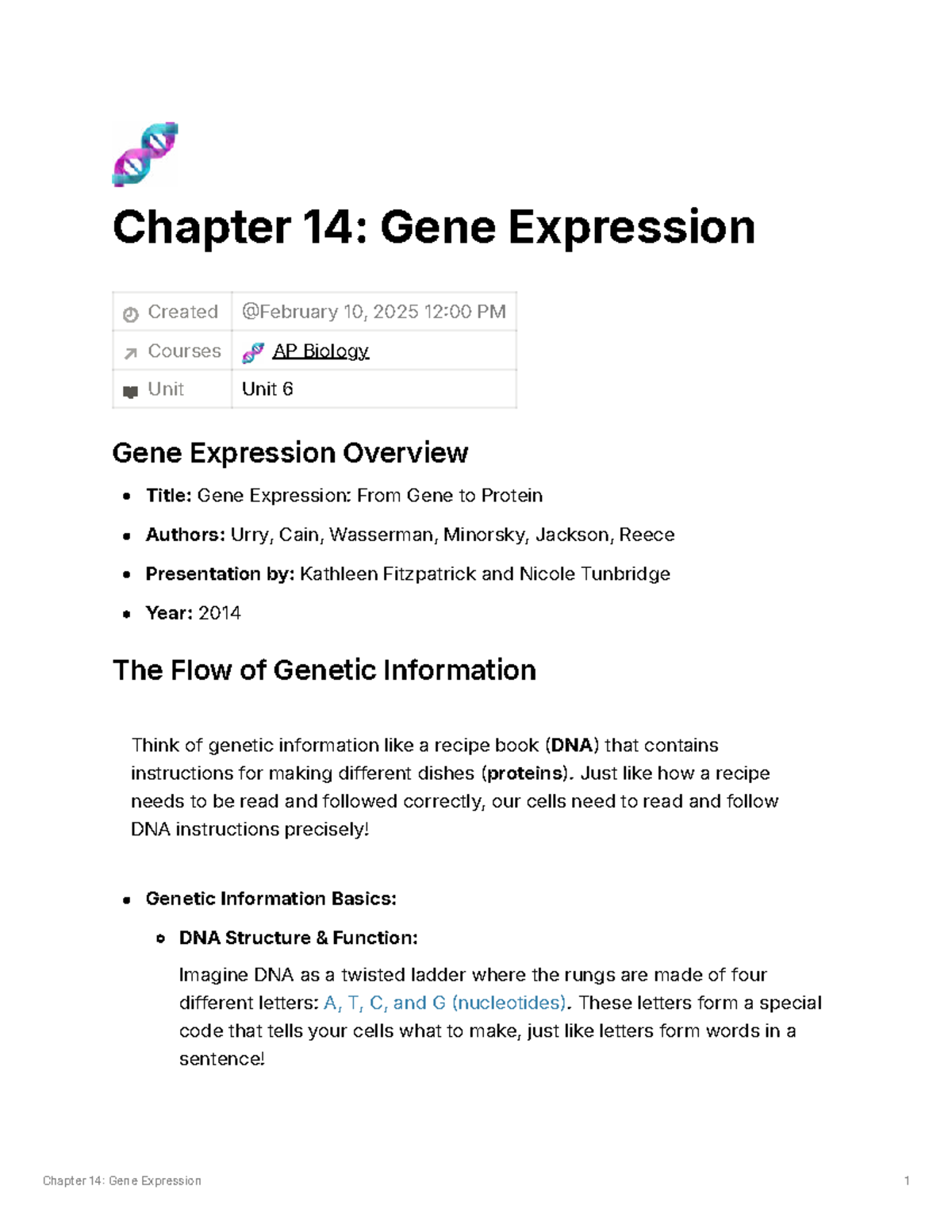 Unit 6: Chapter 14 - Gene Expression Overview and Key Concepts - Studocu
