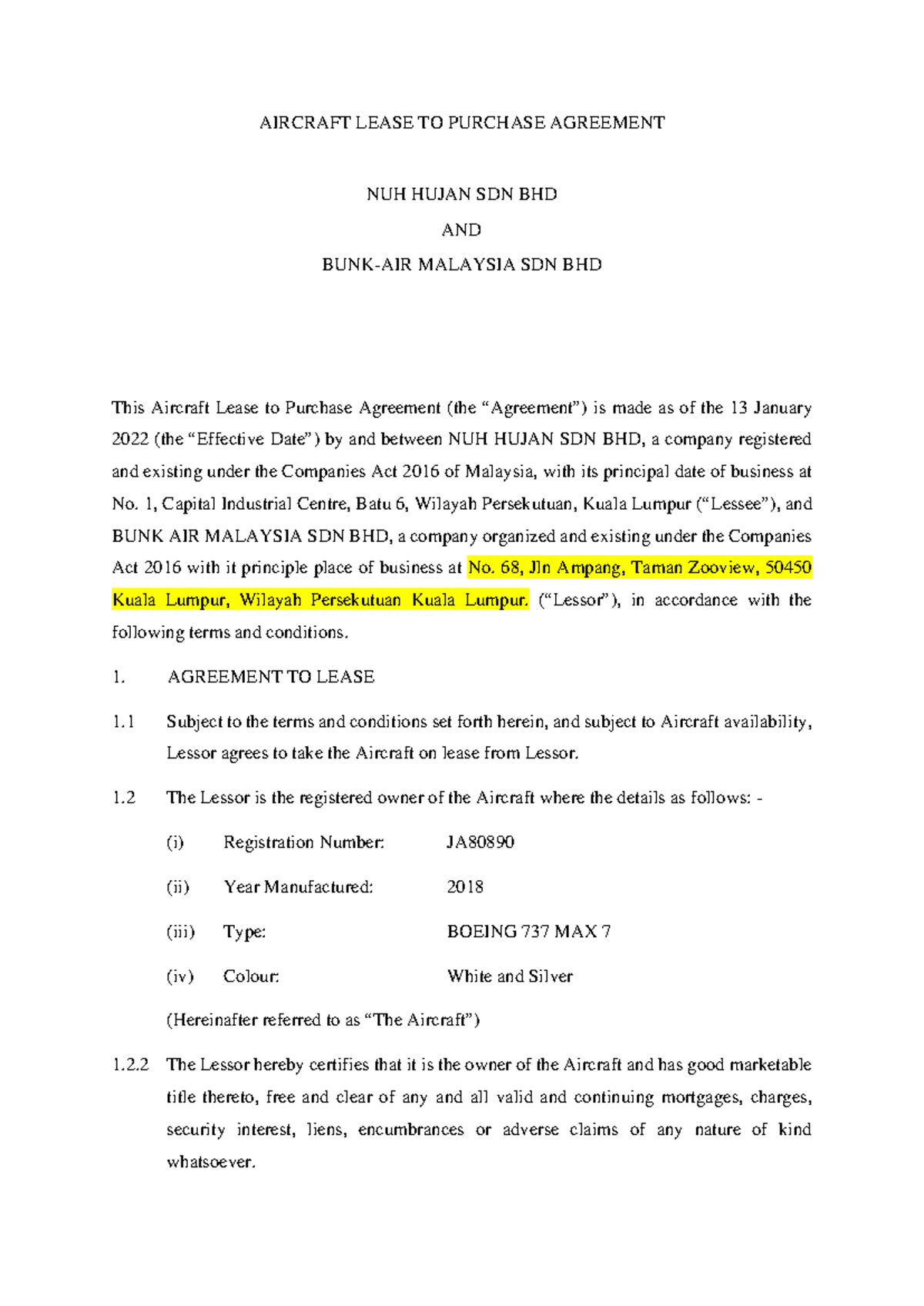 Aircraft Lease TO Purchase Agreement - 1, Capital Industrial Centre ...