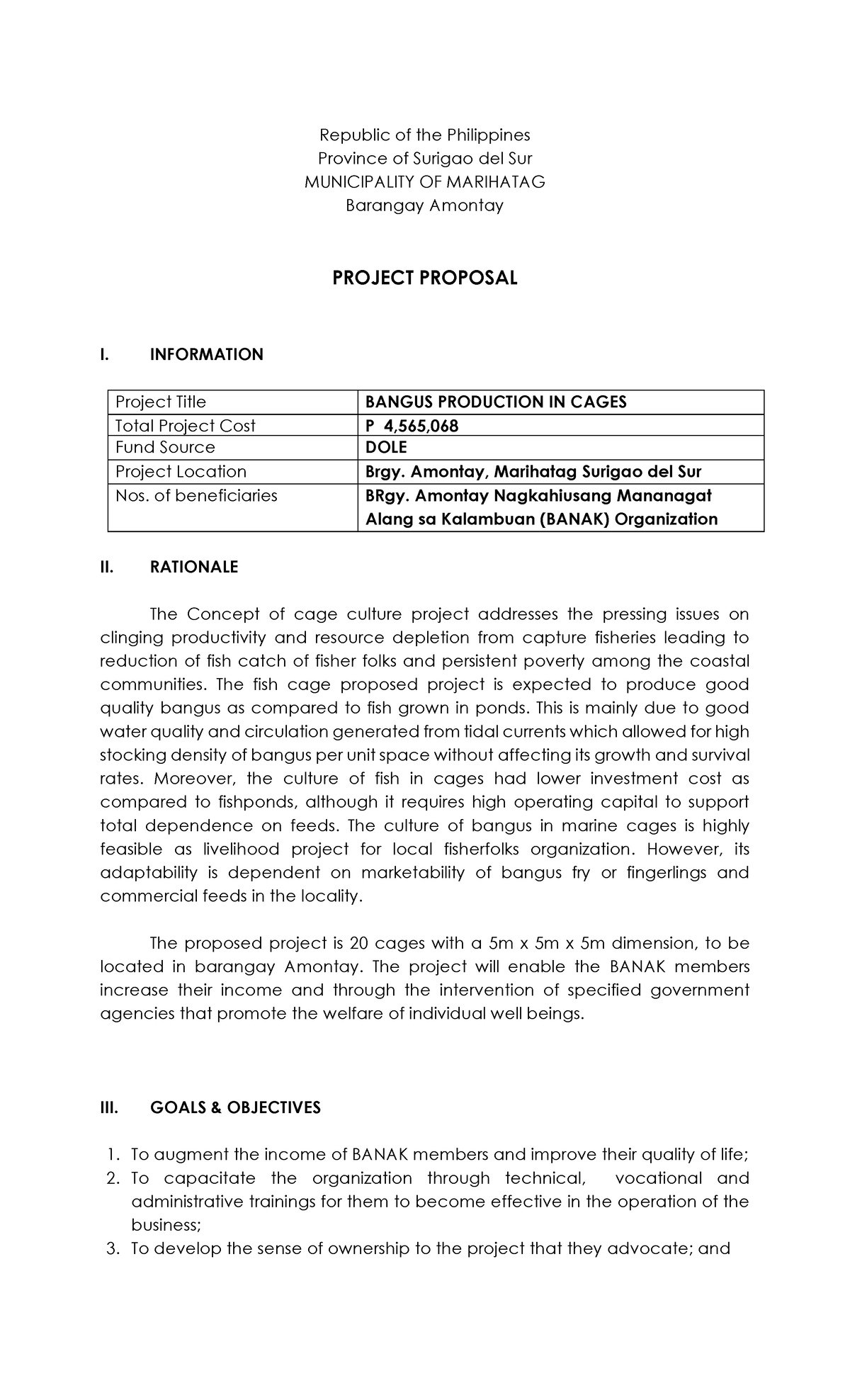 Bangus Production Project Proposal (DOLE Funded) in Marihatag - Studocu