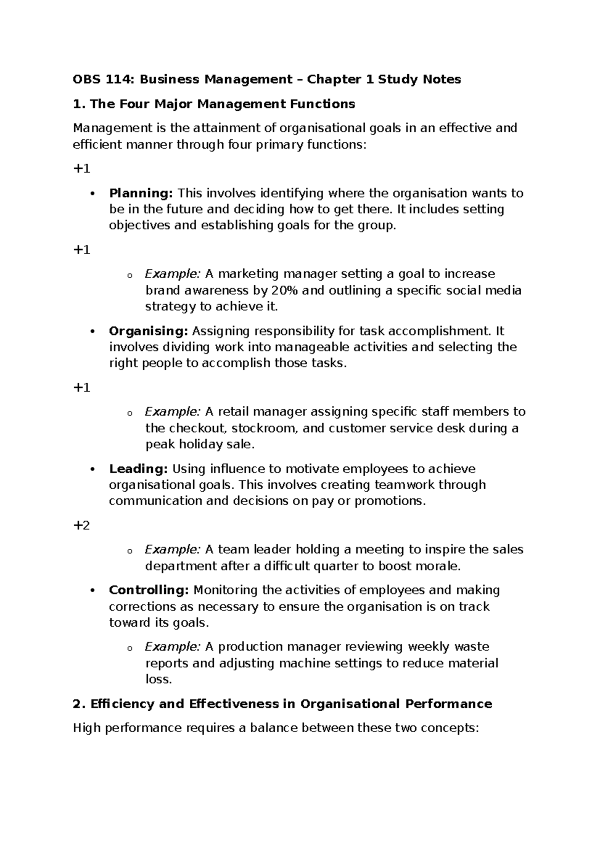 OBS 114: Business Management Chapter 1 Study Notes on Management ...