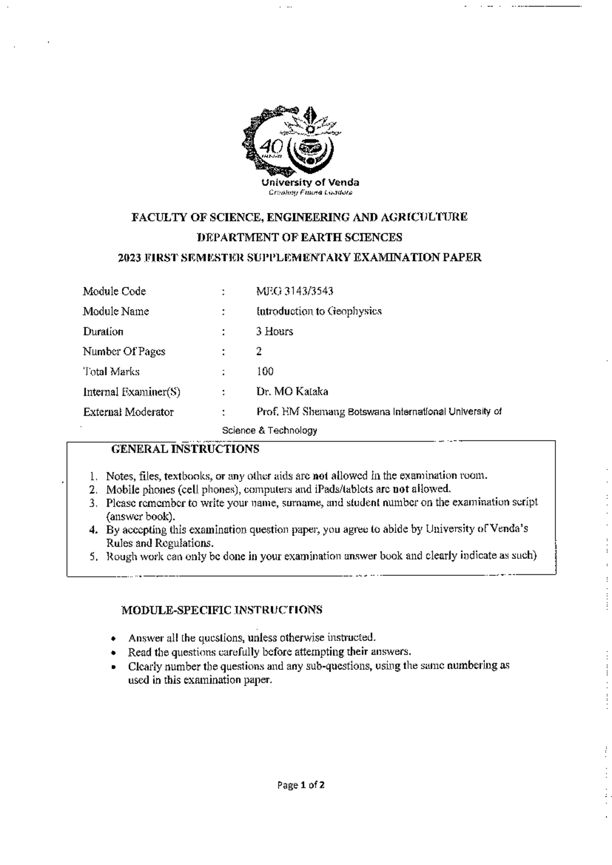 MEG 2023 First Semester Supplementary Exam Paper: Intro to Geophysics ...