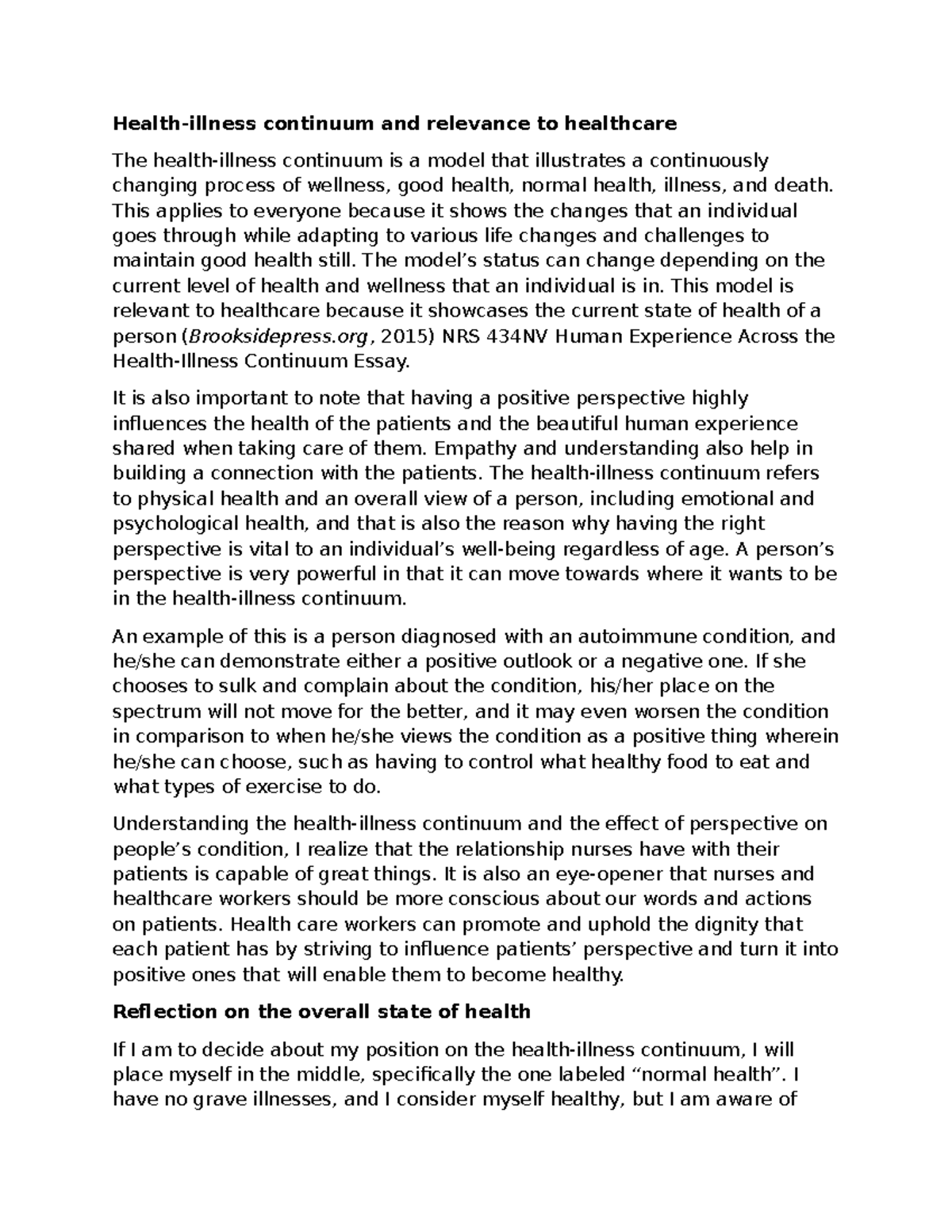 NRS 434NV Continuum of Health: Reflection on Wellness and Care - Studocu