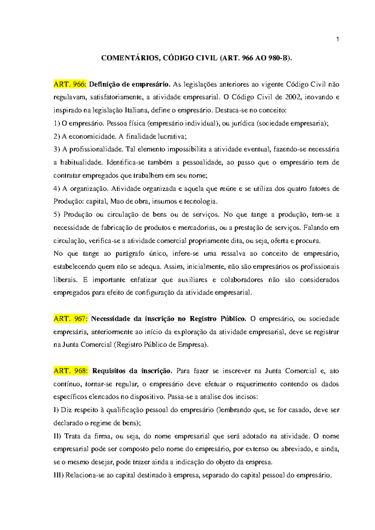 Comentários DO Código Civil - COMENTÁRIOS, CÓDIGO CIVIL (ART. 966 AO ...