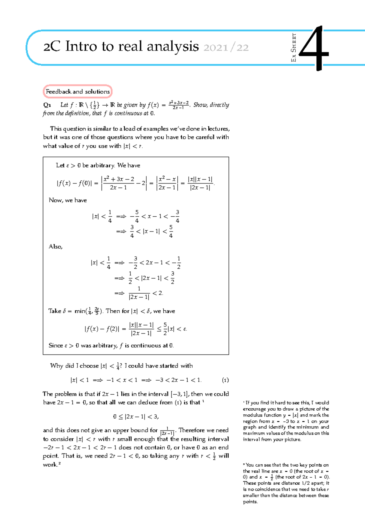 2C Real Analysis Feedback Exercise 4 Solutions and Comments - Studocu