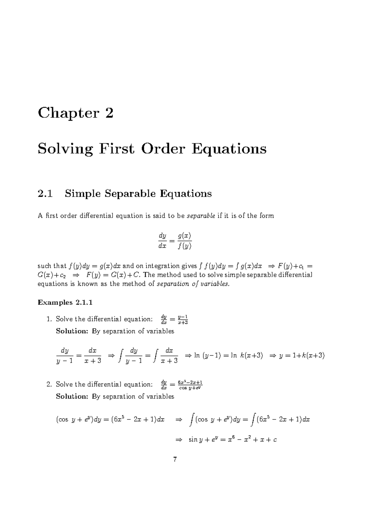Chapter 2: Separable & First Order Exact Differential Equations - Studocu
