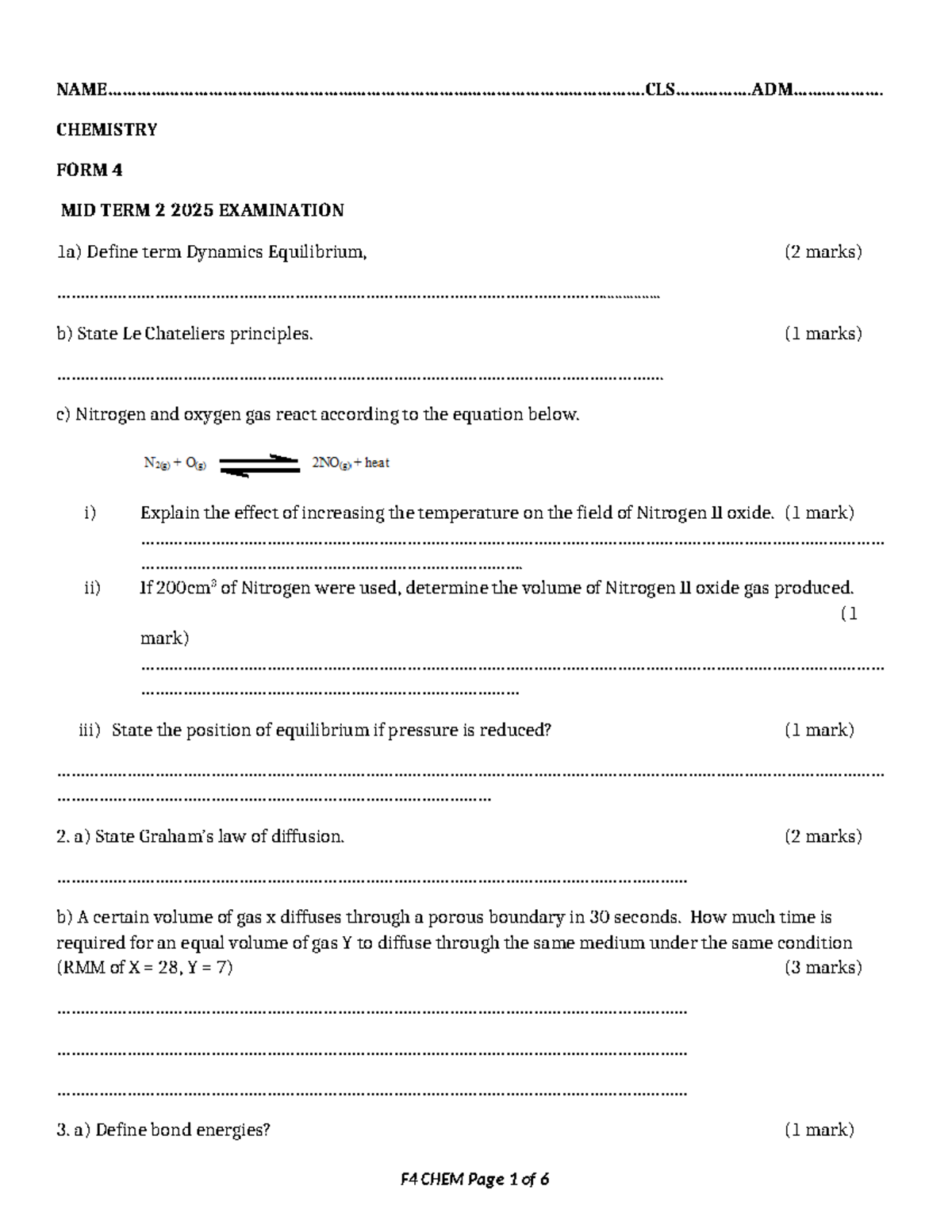 Chemistry F4 Midterm 2 Exam Questions and Answers - Studocu