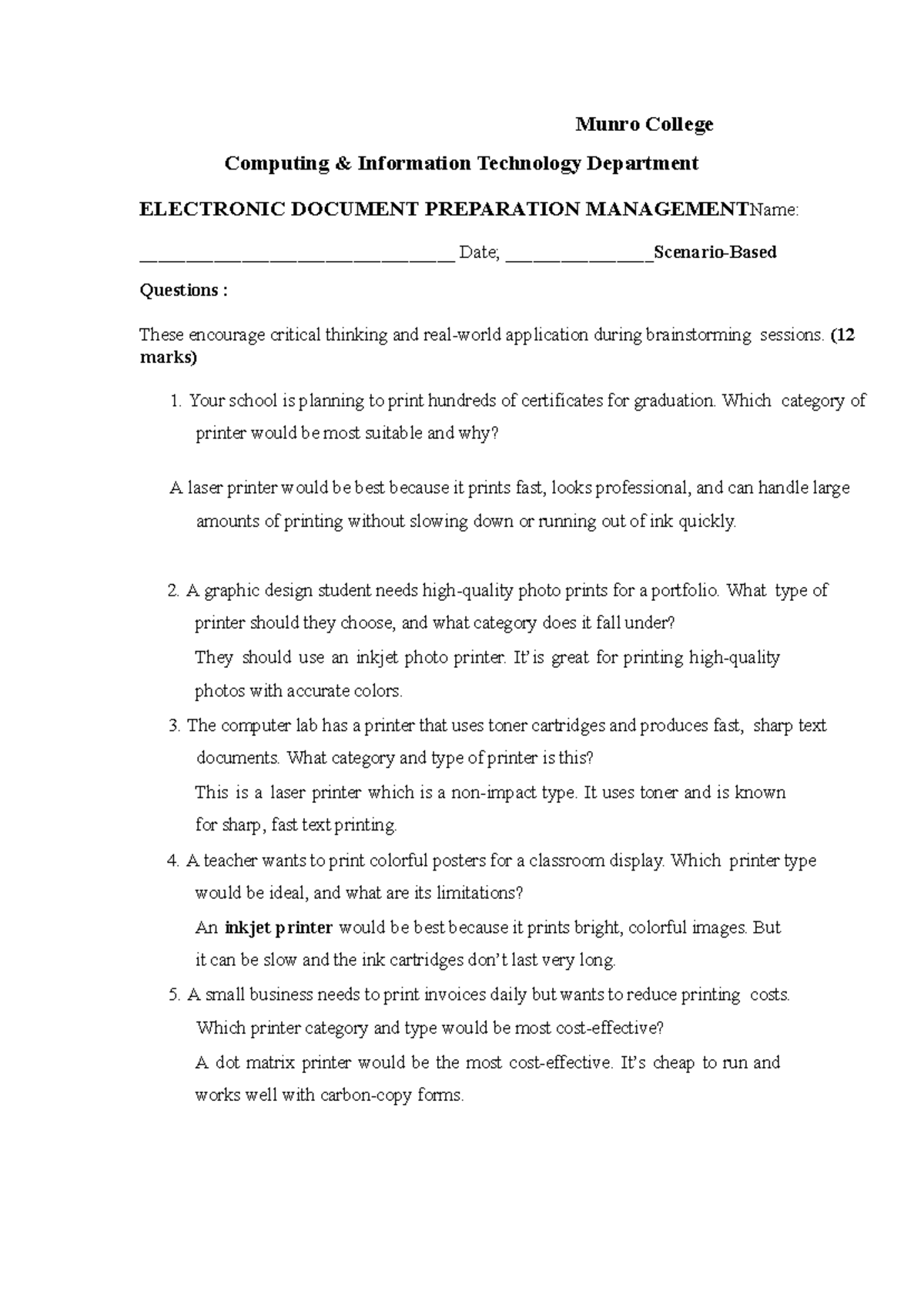 Munro College IT Dept: Worksheet on Types of Printers (41 Marks) - Studocu