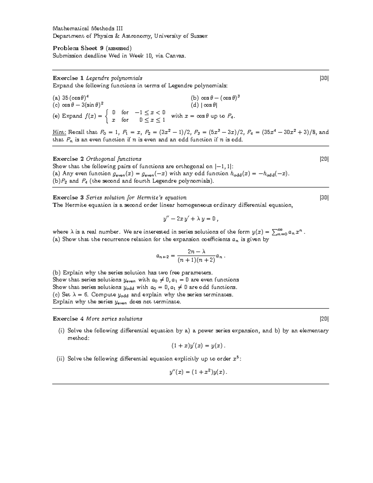 Mathematical Methods III (Mm3) - Assessed Problem Sheet 9 - Studocu