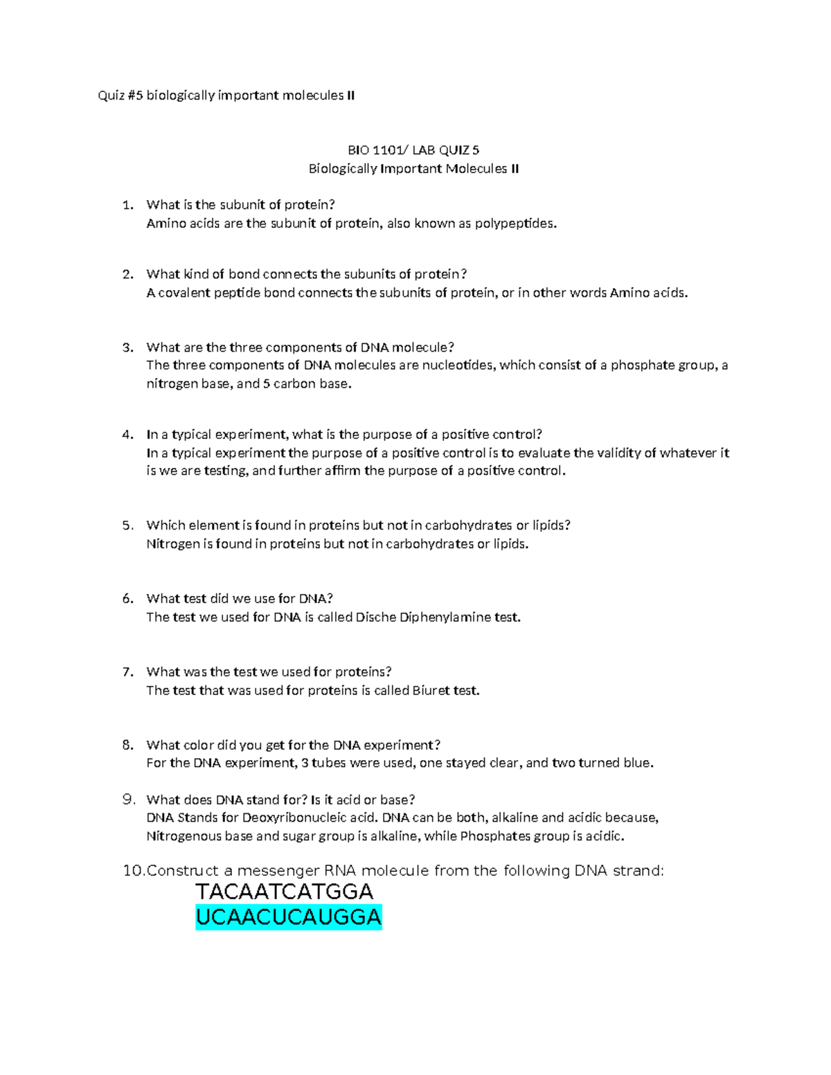 Bio 1101 Lab quiz 5 - lab quiz 5 - Quiz #5 biologically important ...
