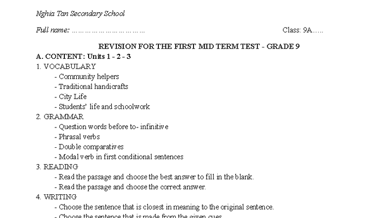 Grade 9 A Midterm Test Revision Guide 2025-2026 - Studocu