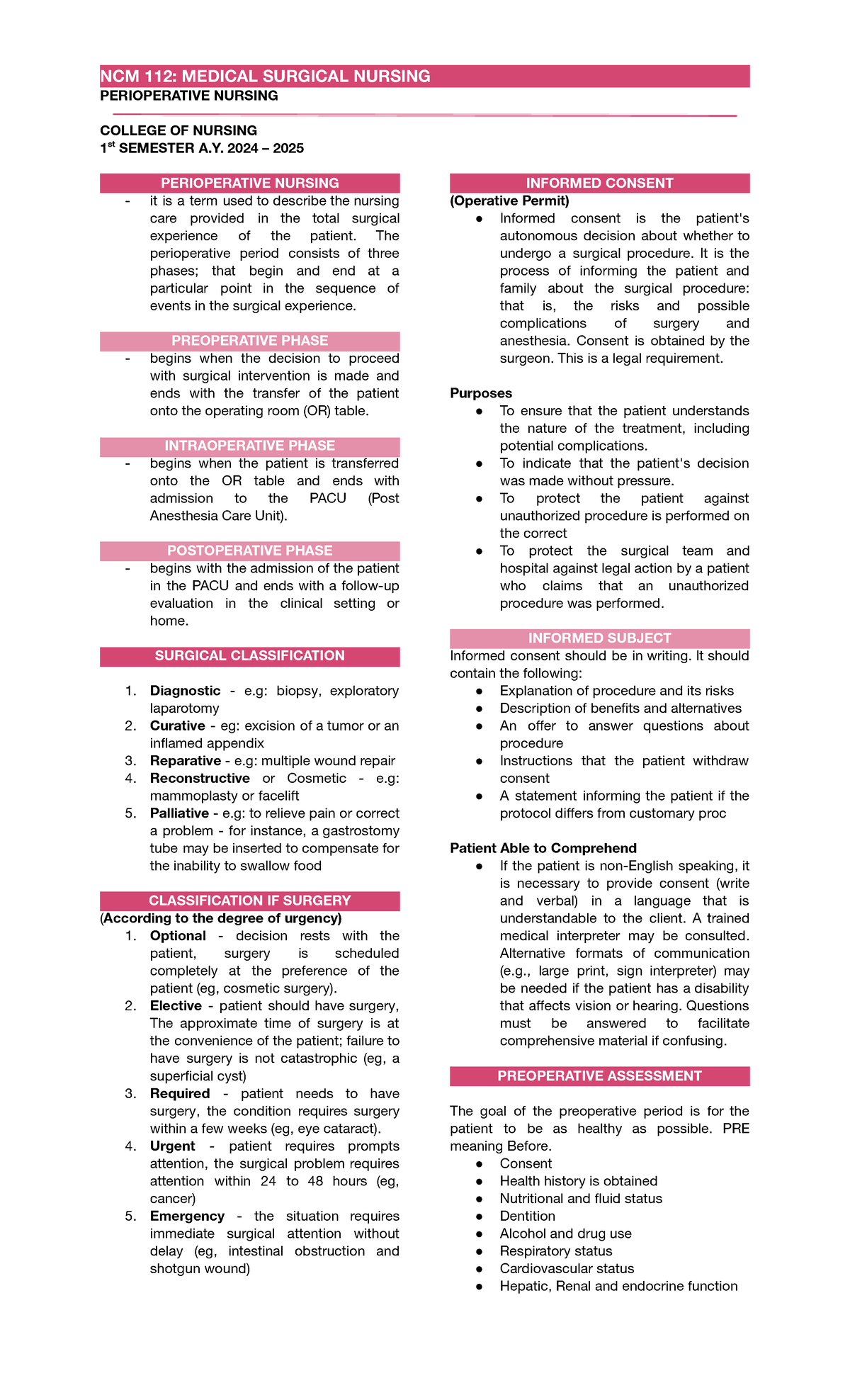 NCM 112: Perioperative Nursing Overview for 1st Semester A.Y. 2024-2025 ...