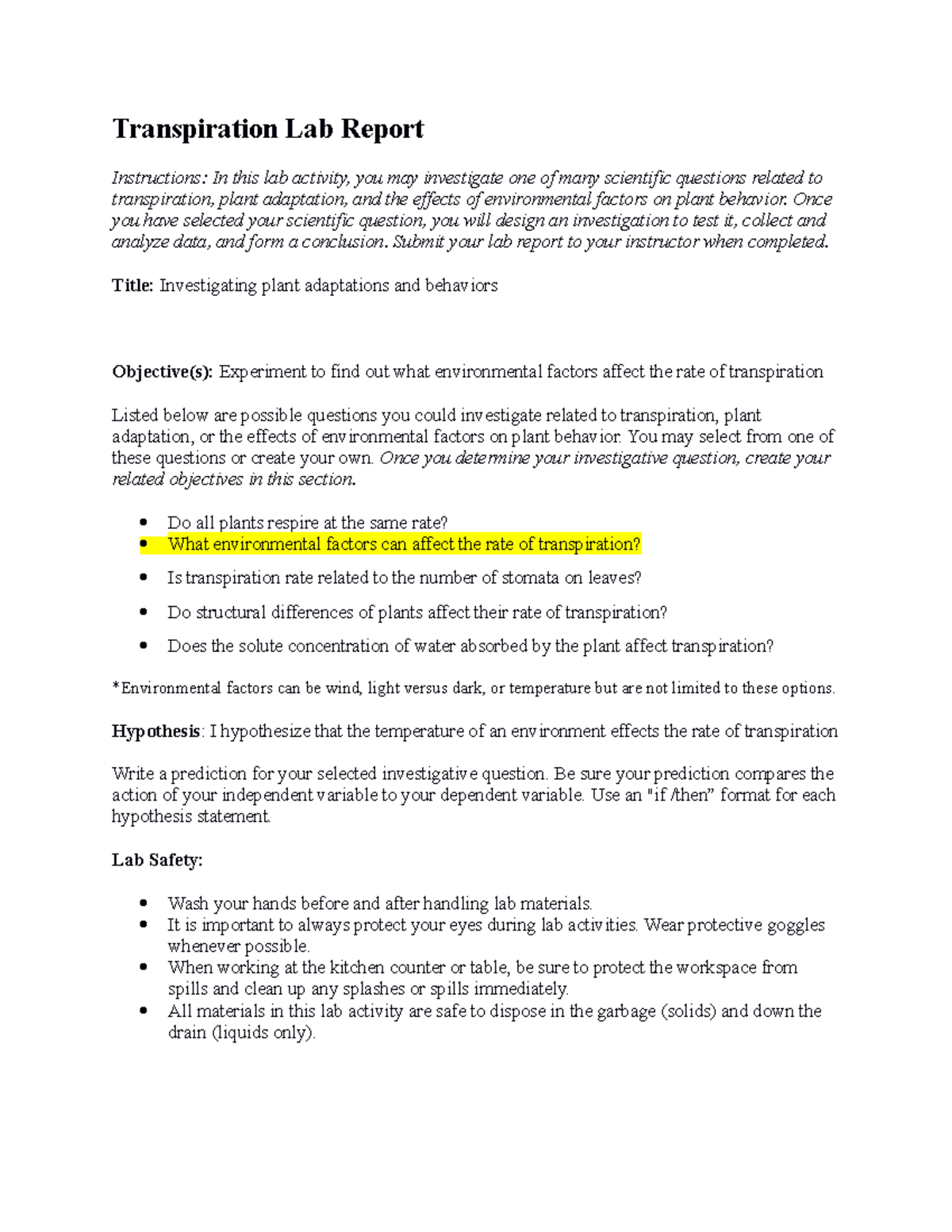 Transpiration Lab Report (02 07): Investigating Environmental Factors ...