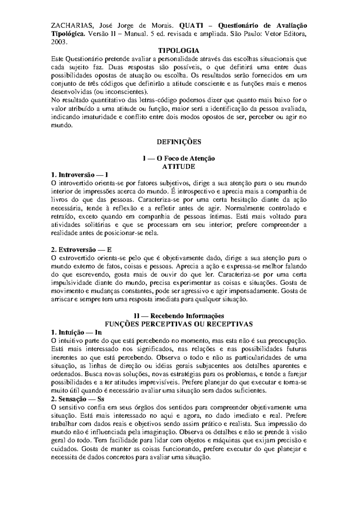 Apostila de Correção do Questionário QUATI - Avaliação Tipológica - Document Preview